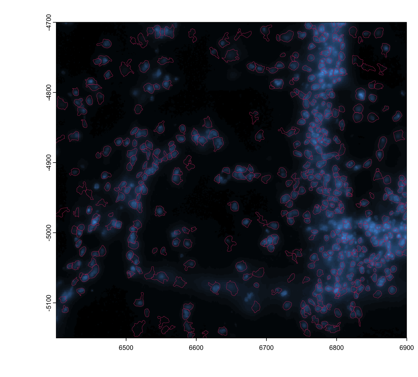 Plot image with monochrome color scaling with added polygon borders