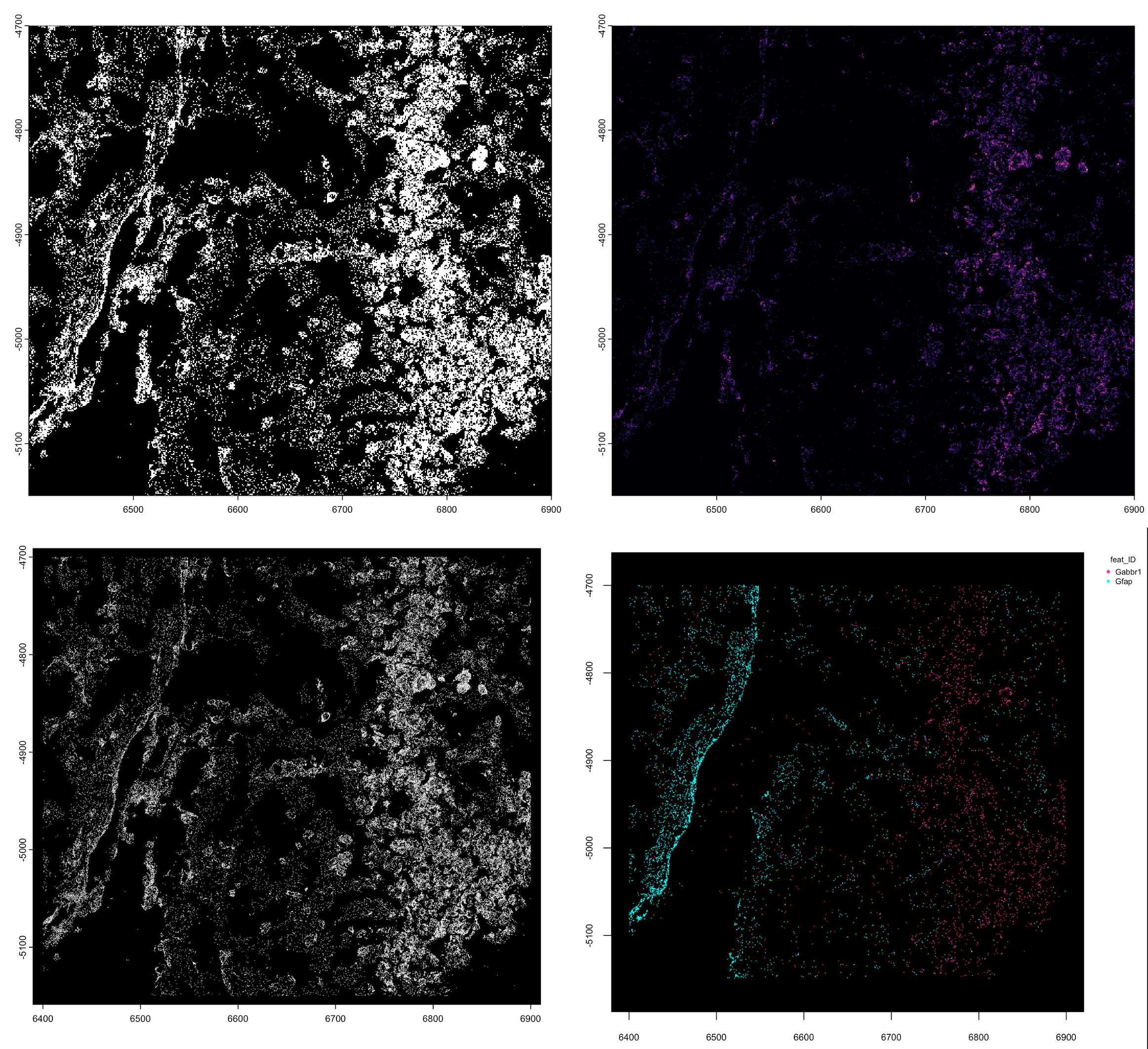 giottoPoints plots. Rasterized (top left), Rasterized and colored with 'magma' color scale by density (top right), Non-rasterized (bottom left), Plotting specifically 2 features (bottom right)