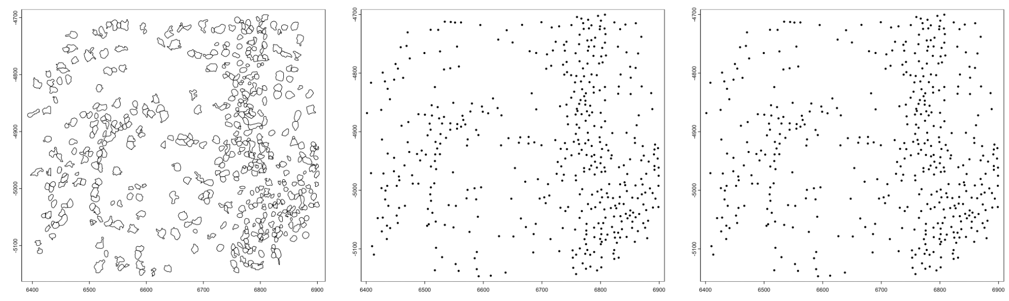 giottoPolygon plots. default (left), plotting centroids (middle), auto changing to centroids after there are more polygons to plot than max_poly param (right)