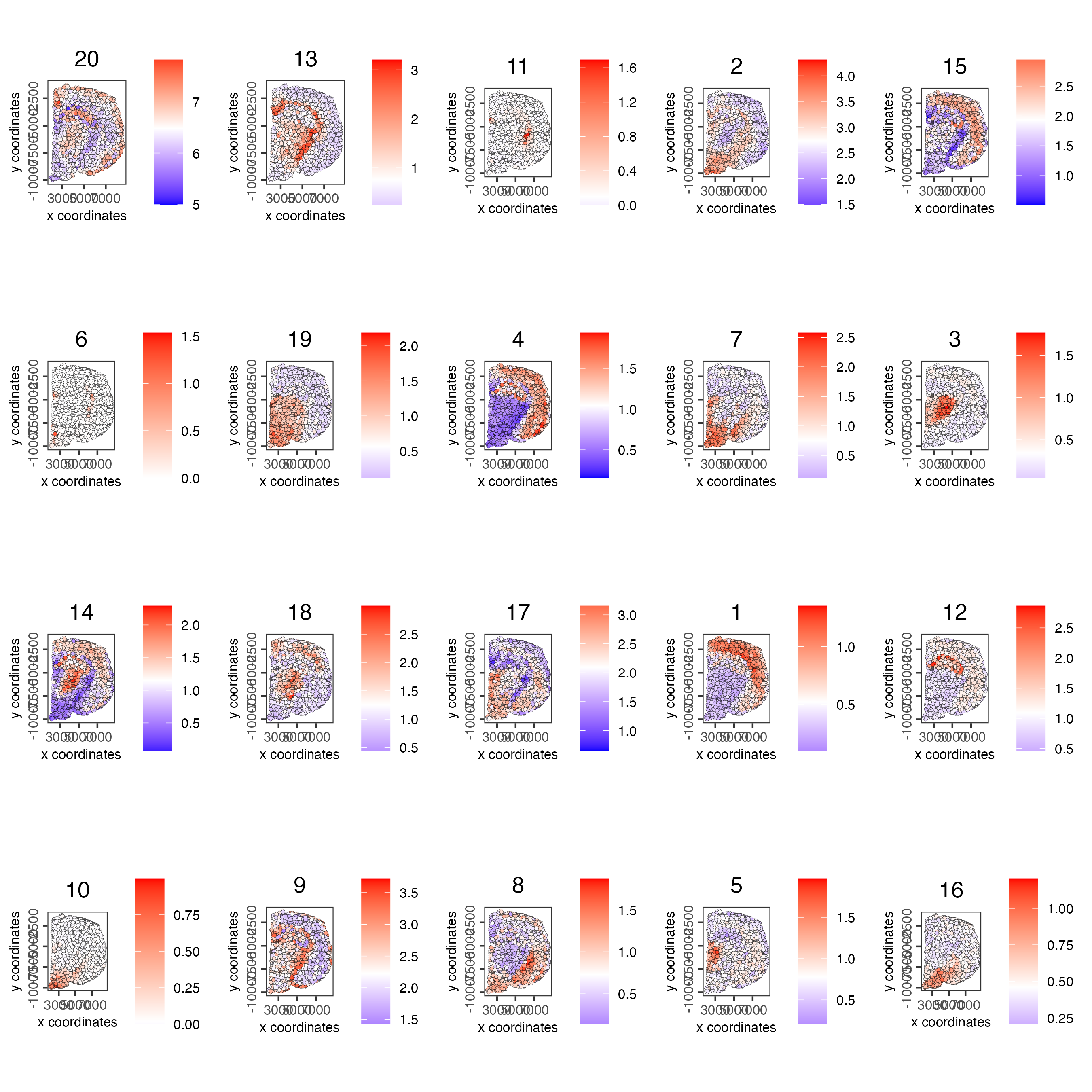 Spatial distribution of metagene enrichment scores per co-expression cluster.