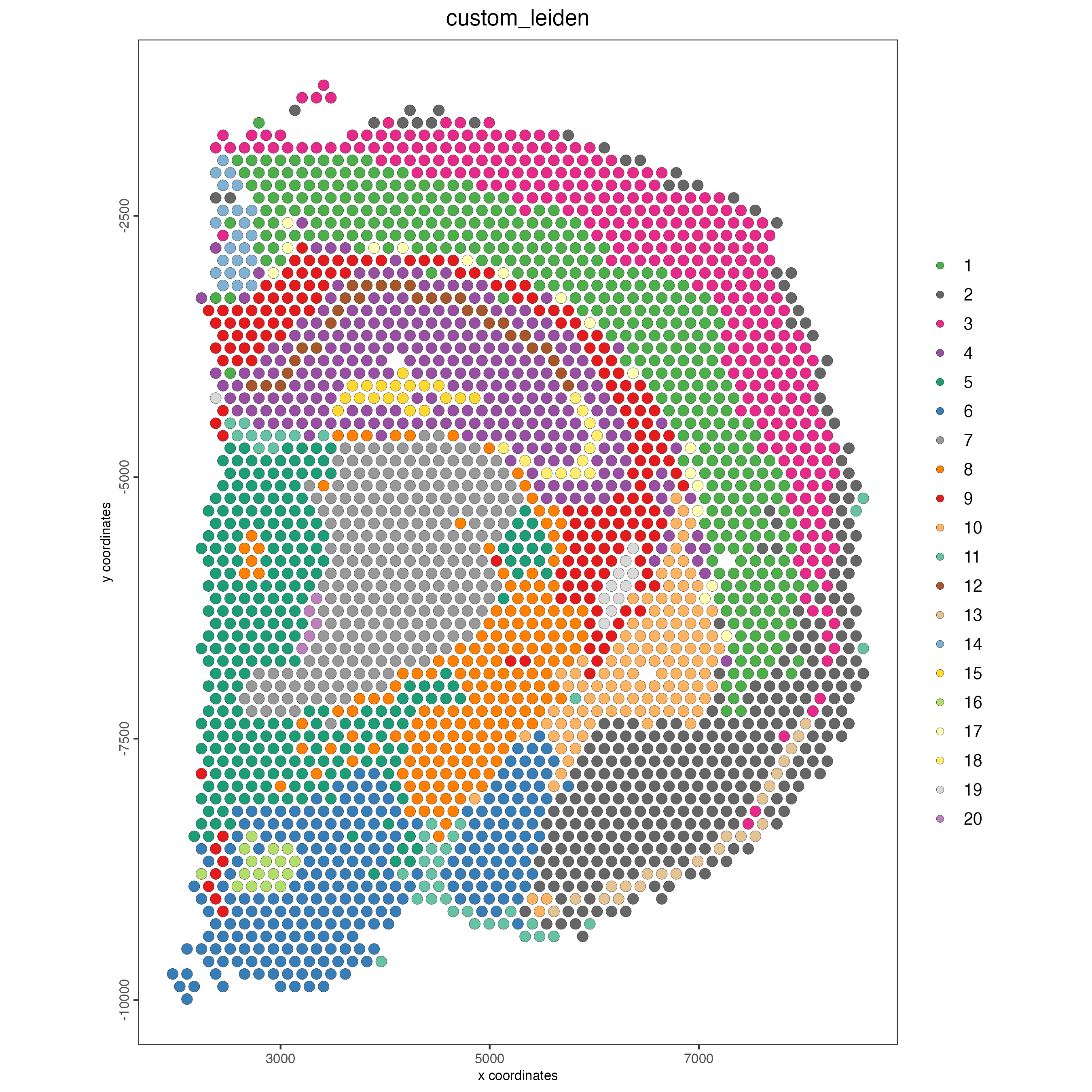 Spatial distribution of Leiden clusters calculated using spatial genes.