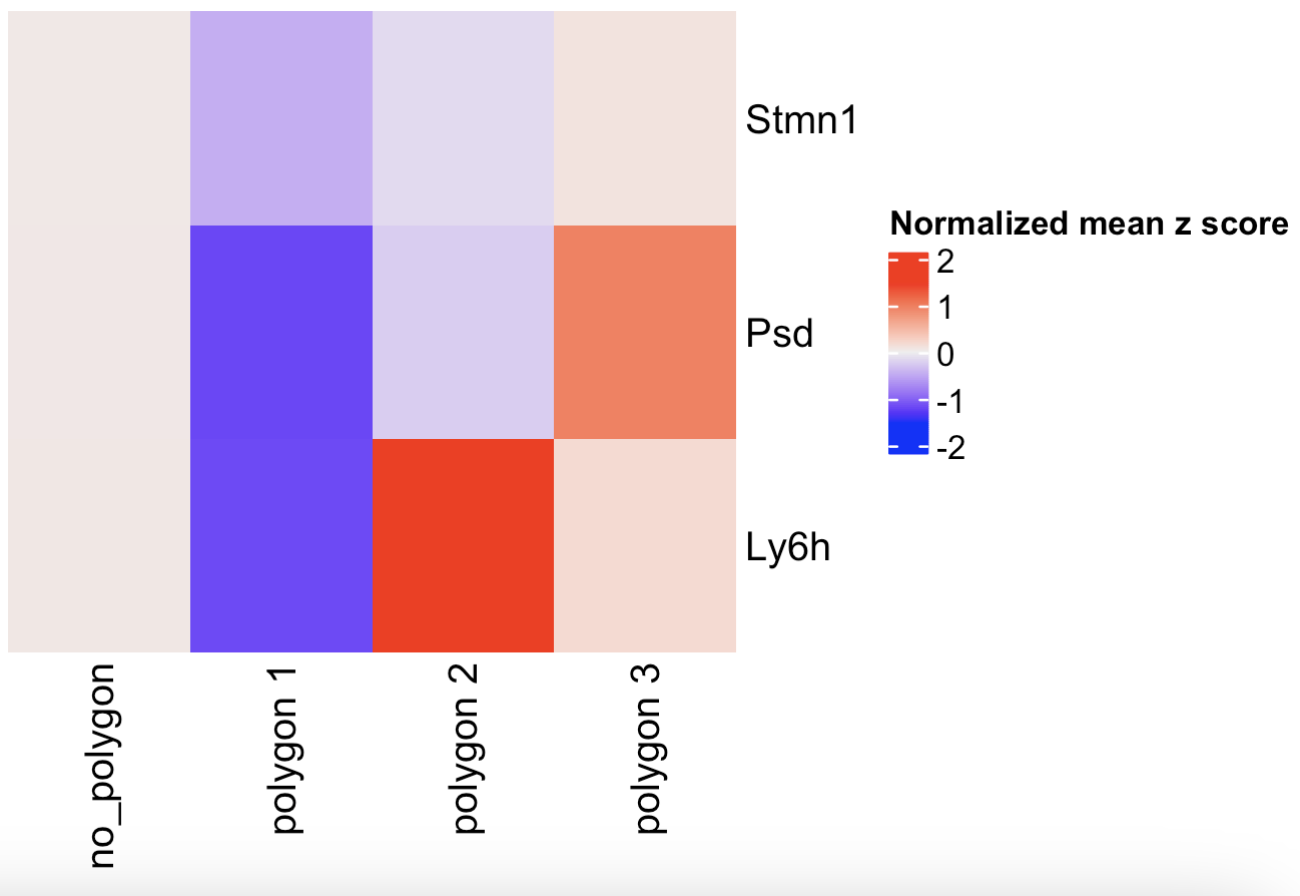 Heatmap showing the z-scores of three genes per selected polygon.