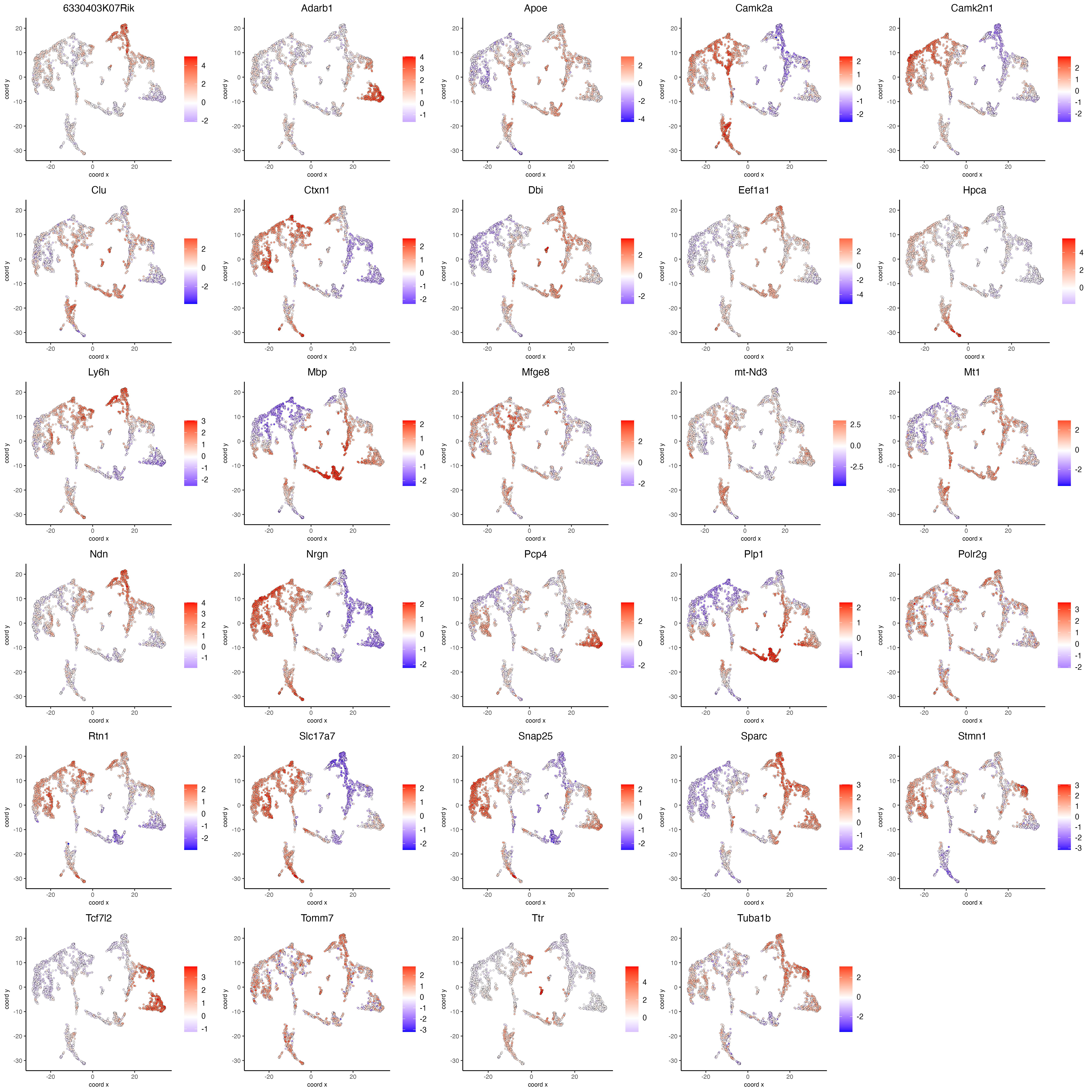 Spatial distribution of the top scran genes scaled expression.