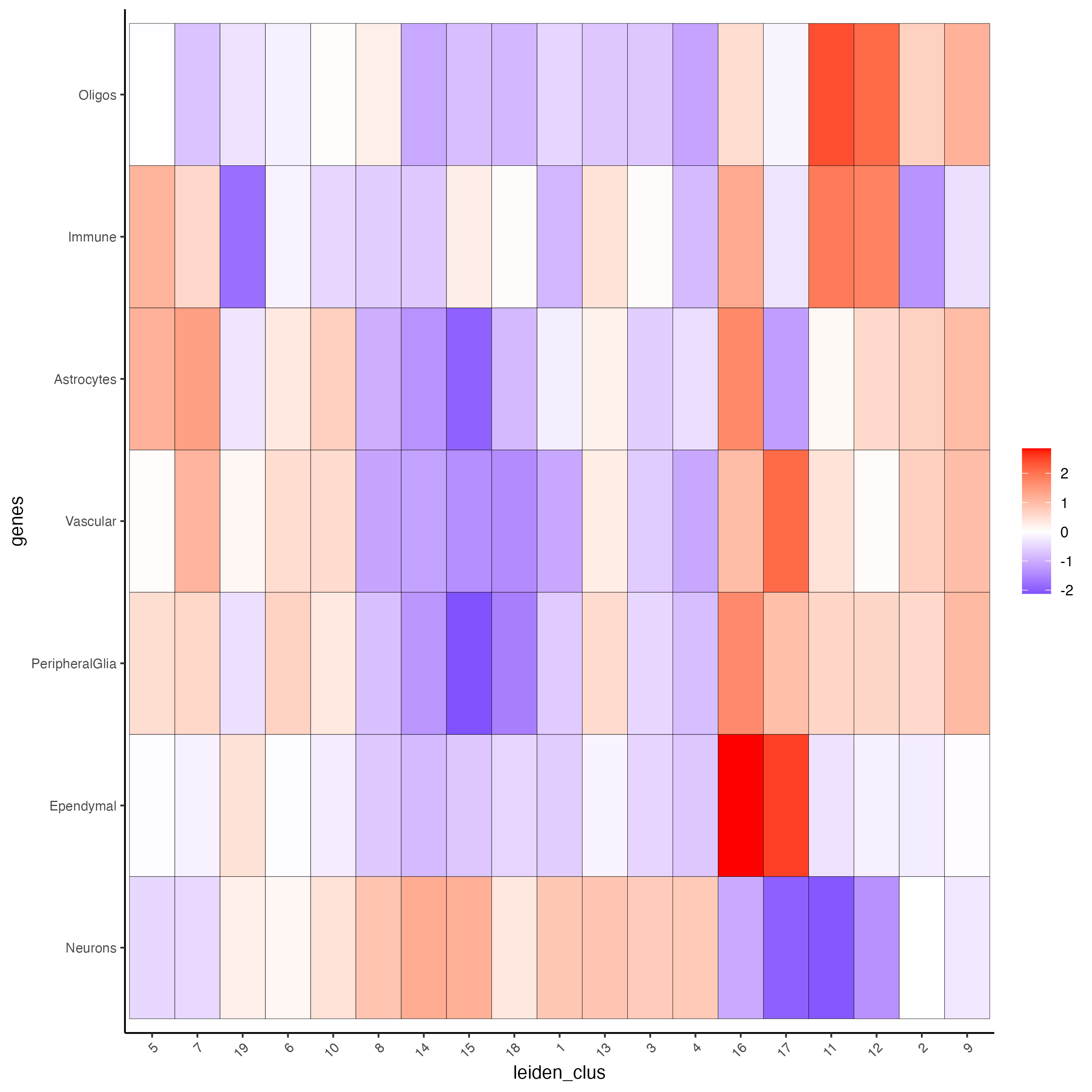 Cell types enrichment per Leiden cluster, identified using the PAGE method.