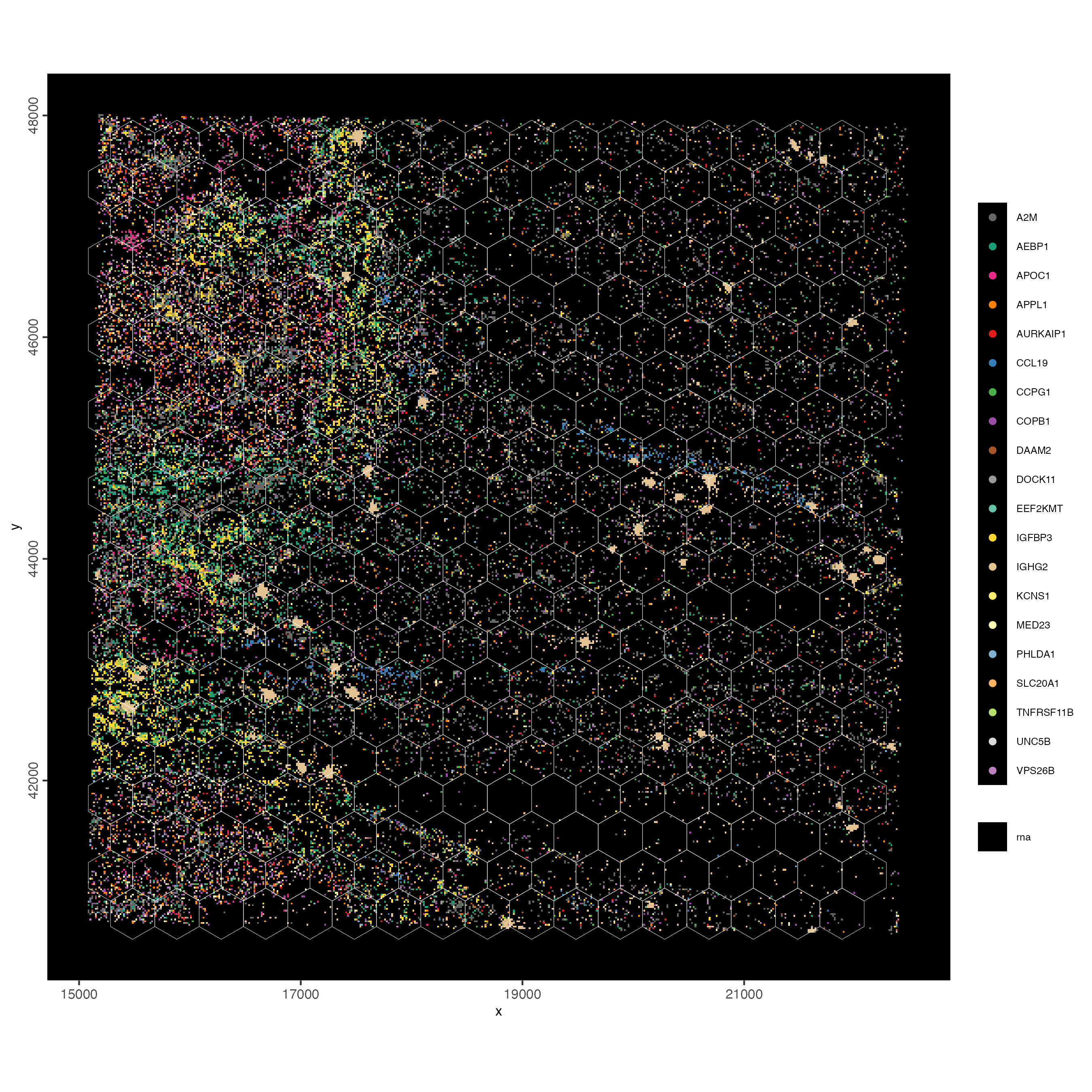 Overlap of gene expression with the hex400 polygons. Genes/transcripts are rasterized. Jitter used to better vizualize individual transcripts