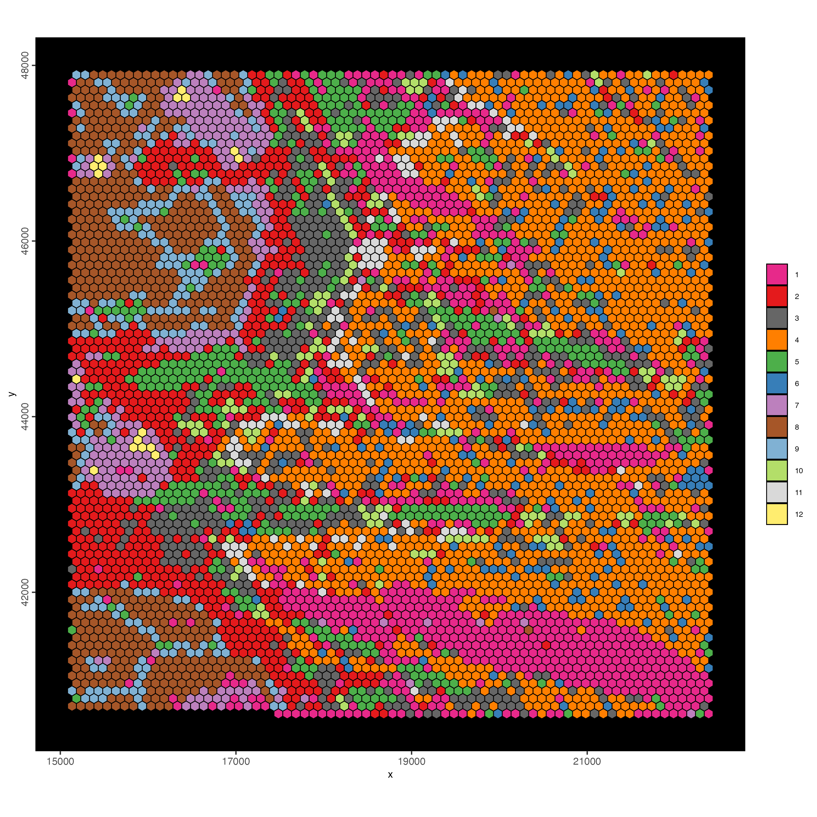 Spat plot for the hex100 bin colored by leiden clusters.