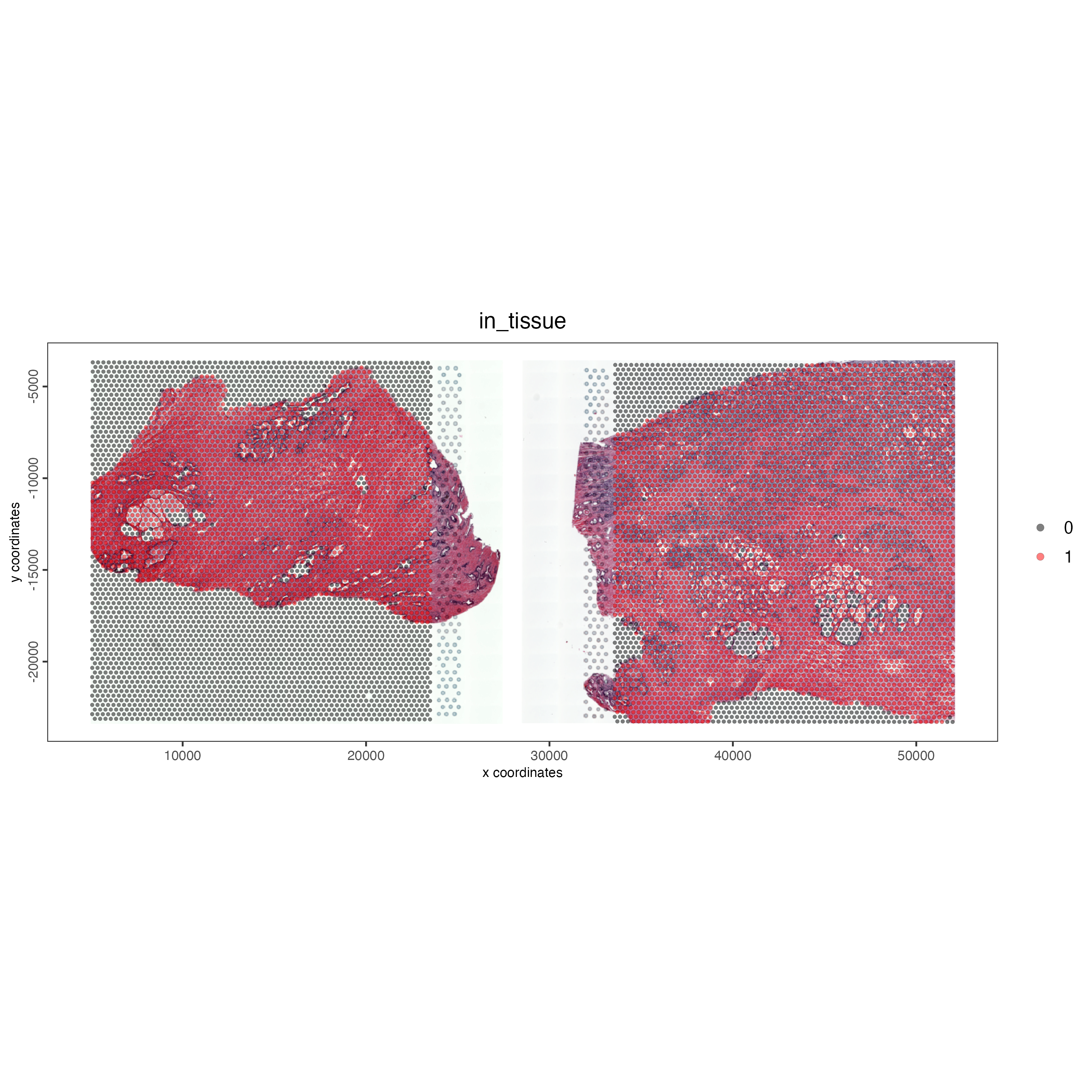 Vizualizing the visium spots that overlap tissue in normal prostate (left) and adenocarcinoma samples (right) within the same plot.