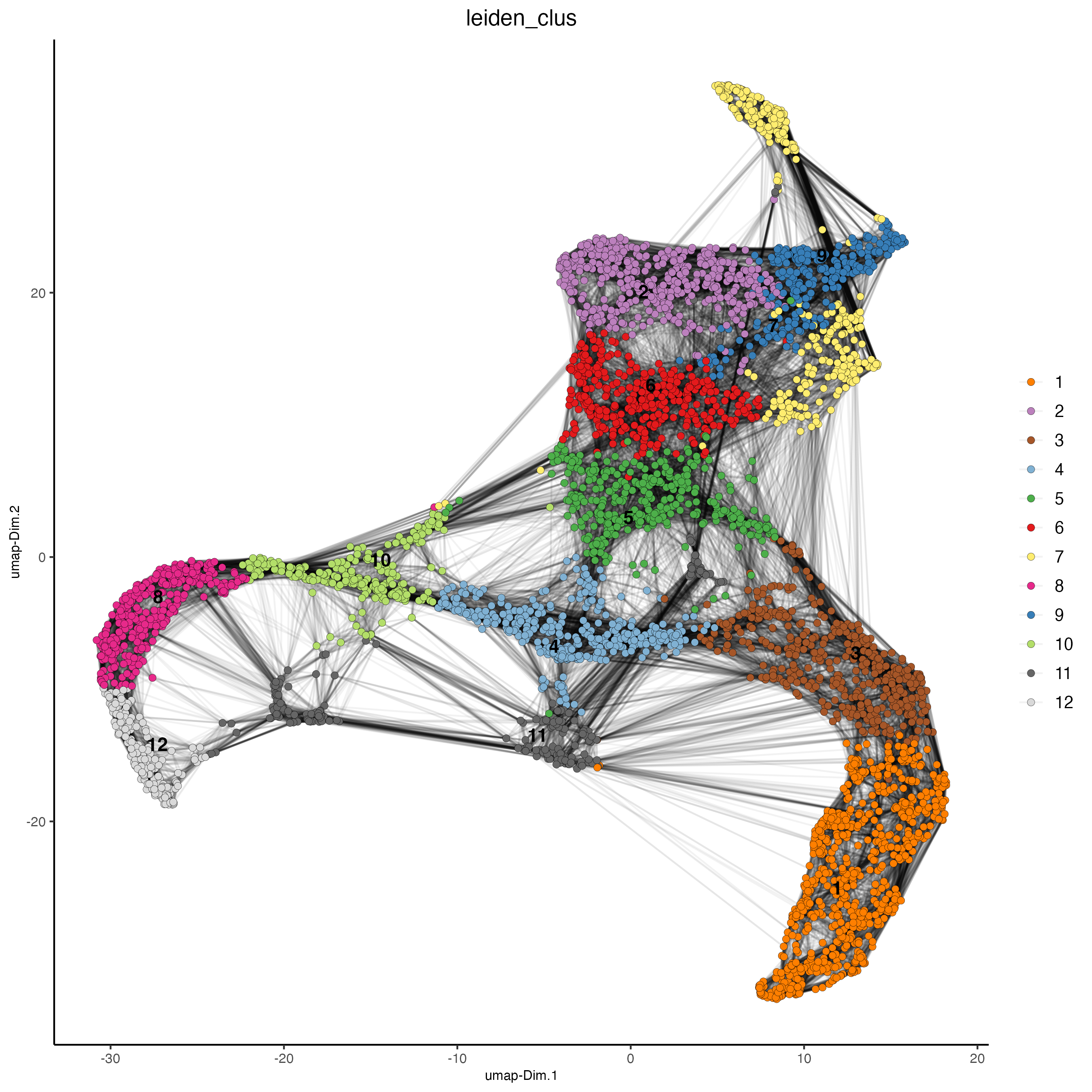 RNA UMAP, color indicates the RNA-based Leiden clusters.